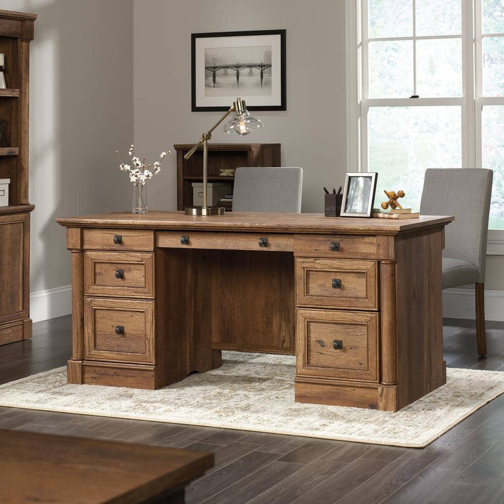 Vintage Oak Executive Desk with Drawers and Power Outlet