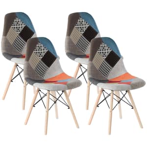 Modern Upholstered Plastic Multicolor Fabric Patchwork DSW Shell Dining Chair with Wooden Dowel Eiffel Legs (Set of 4)