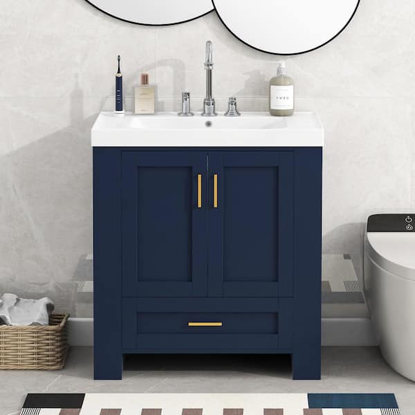 ANGELES HOME 30 in. W x 18 in. D x 31.5 in. H Freestanding Bath Vanity in Blue with White Resin Single Sink and Top,Soft Close Doors