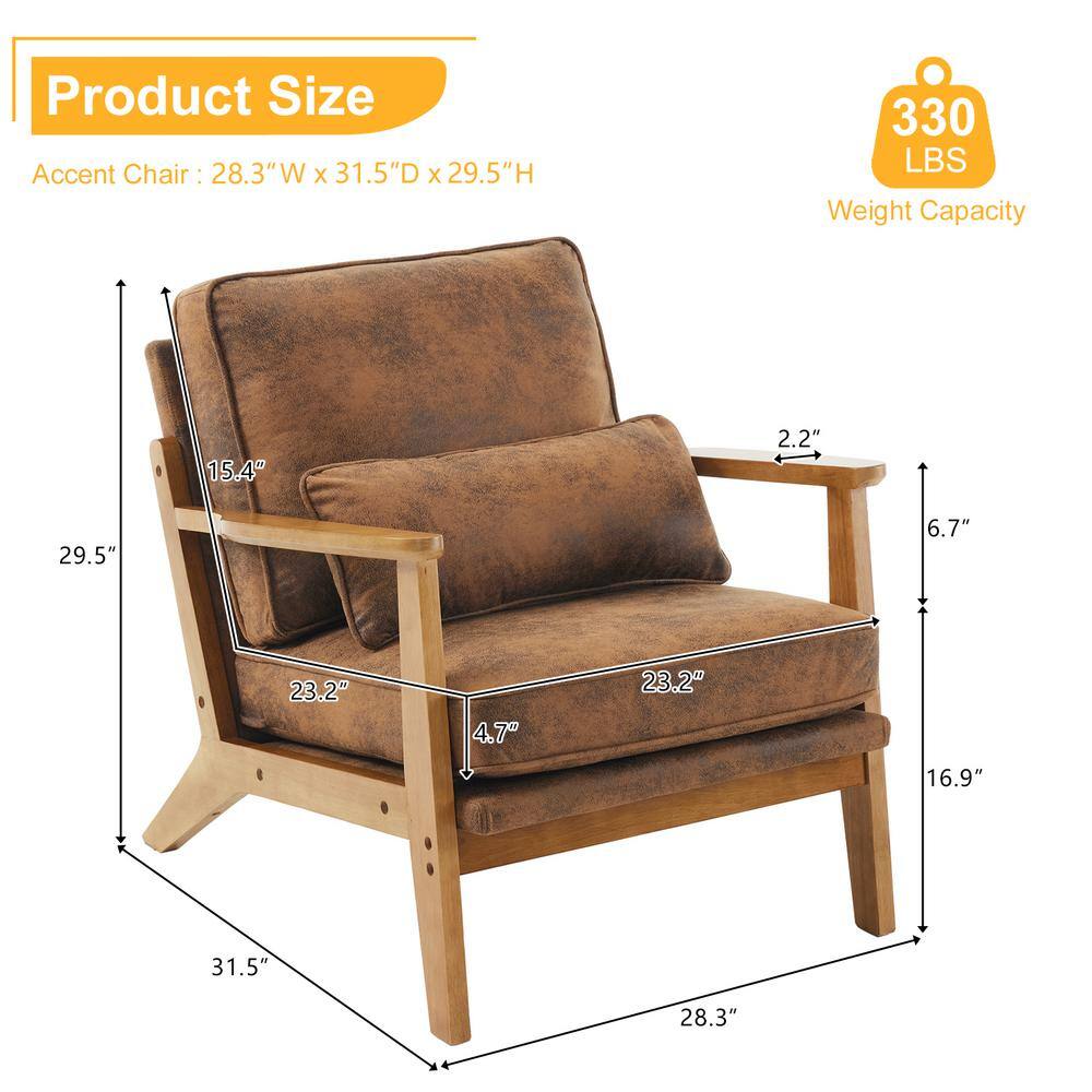 Brown Suede Wood Frame Mid-Century Modern Accent Chair