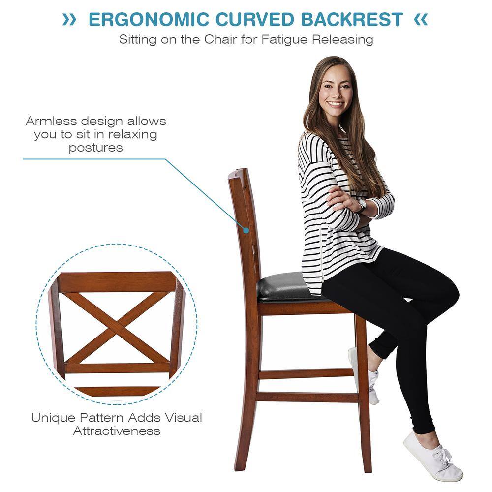 Elegant 25'' Black Leather & Glossy Walnut Wood Counter Stools, Set of 4