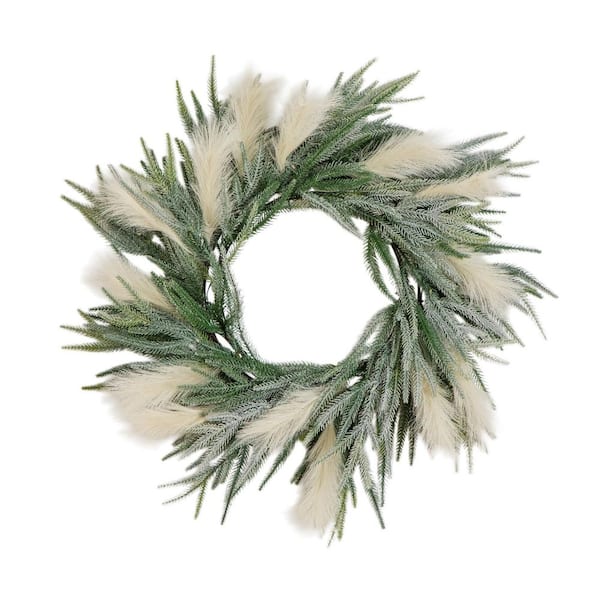 24 in. Artificial Balsam Fir Pine and Pampas Wreath with 50-Color Changing LED Lights