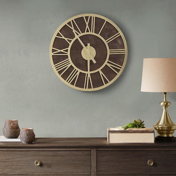 Unbranded 23.6 in Round Brown Gold Metal Frame Wood Wall Clock, with Gold Roman Numeral, Home Decor Accent Clock