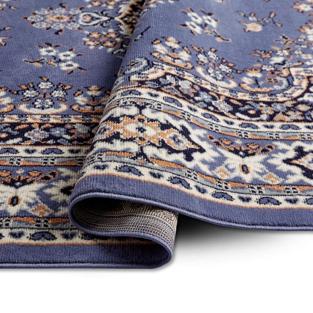 Country Blue and Brown Traditional Medallion Area Rug