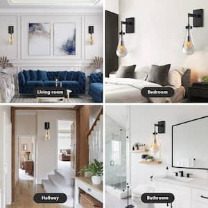 17.7 in. 1 Light Black Wall Sconce, Raindrop Wall Lighting with Hand Blown Solid Glass, Brass Base and Rod (1 Set)