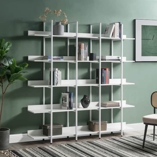Qualler 71 in. White Wood 5-Shelf Accent Bookcase with Storage