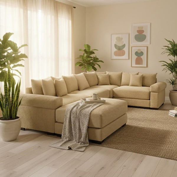 YSYJST 154.6 in. Straight Arm 6-Piece Corduroy Modular Sectional Sofa with Ottoman and Ergonomic Design in Soft Ivory
