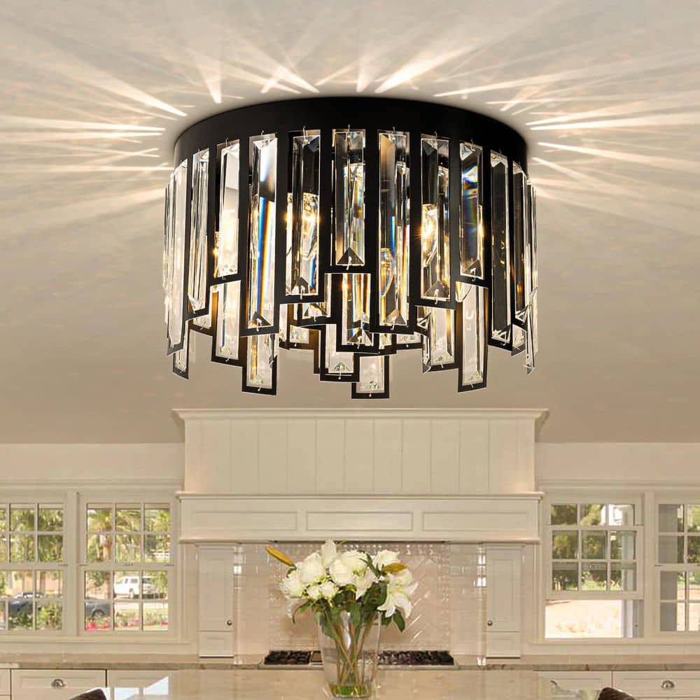 6-Lights 16 in. Modern Matte Black Drum Crystal Flush Mount Ceiling Light f