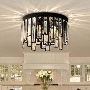 6-Lights 16 in. Modern Matte Black Drum Crystal Flush Mount Ceiling Light for Bedroom Dining Room