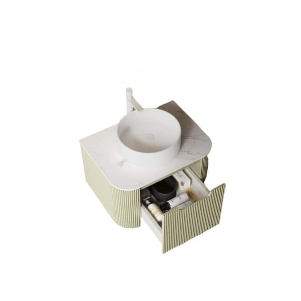 36 in. Single Sink Floating Curved Edge Green Bath Vanity with White Marble Top (Assembled), Round Sink