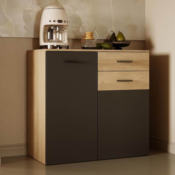 Dark Gray and Natural Wood 35. 4 in. Sideboard Buffet with 5-Shelves and 1-Drawers for Living Room or Kitchen