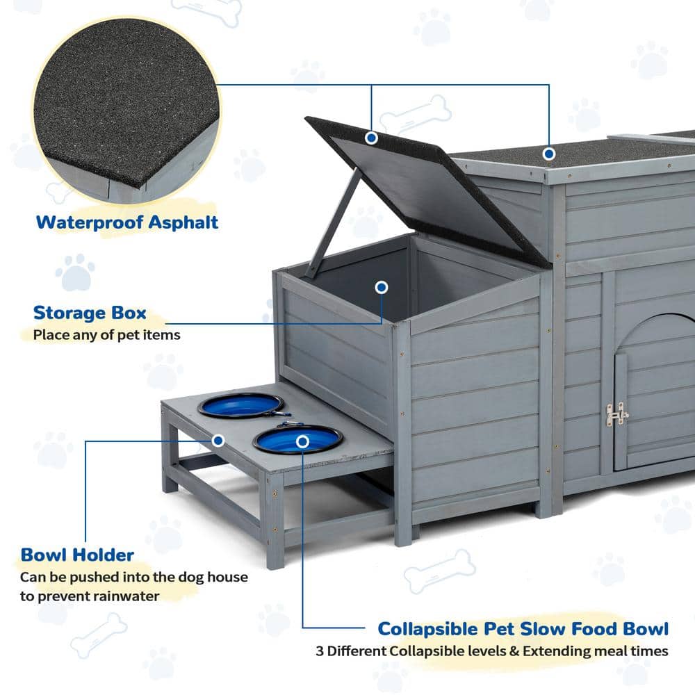Large Gray Pinewood Outdoor Dog House with Feeding Bowls