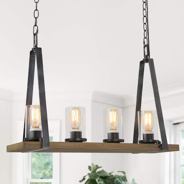 LNC Farmhouse Wood Island Chandelier 4-Light Brushed Black Linear Rustic Pendant Light with Cylinder Clear Glass Shades