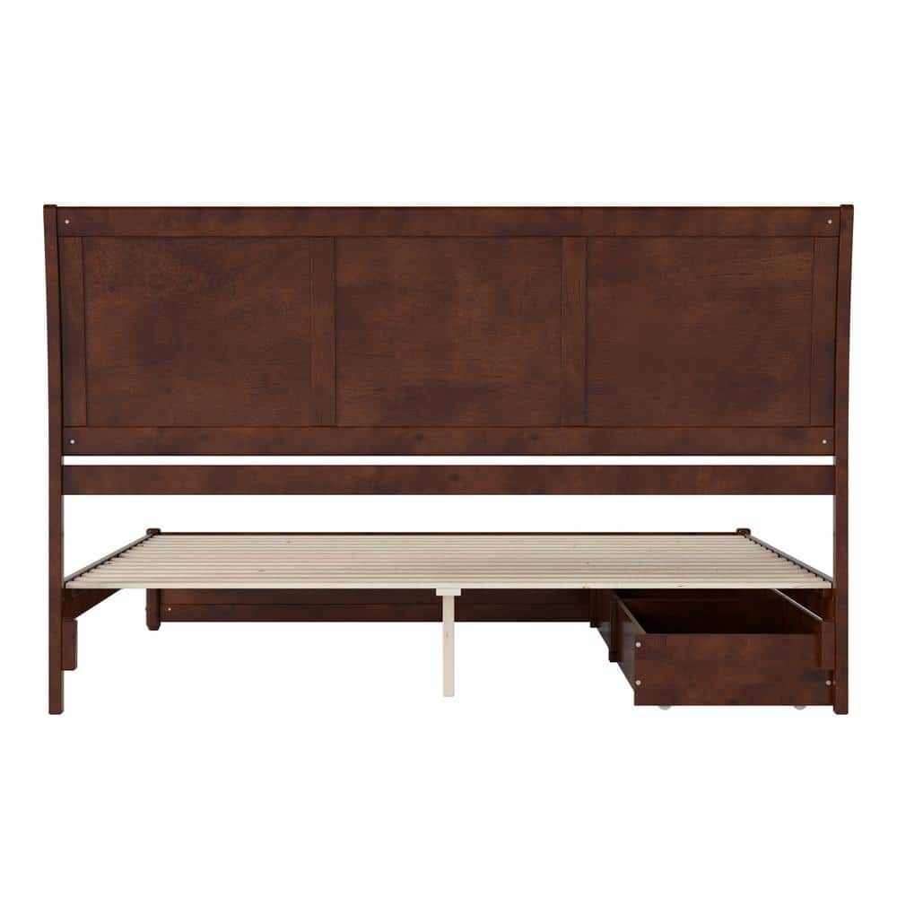 Walnut King Platform Bed with Storage Drawers and Wood Headboard