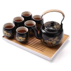 6-Cup Black Japanese Beautiful Asian Porcelain Tea Set with 1 Teapot, 6 Tea Cups, 1 Tea Tray and 1 Stainless Infuser