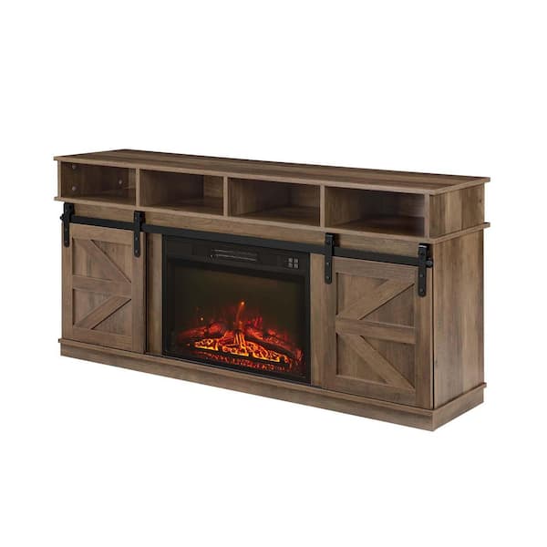 58 in. W Freestanding Electric Fireplace Farmhouse TV Stand with Open Shelves in Brown