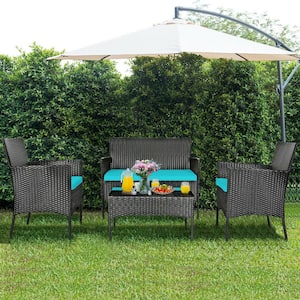 4-Piece Wicker PE Rattan Patio Conversation Set with Tempered Glass Coffee Table and Turquoise Cushions