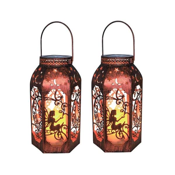 LED Metal Bronze Moon Fairy Lantern Garden Stake, Waterproof Flickering Flameless Candle Mission Lights (2-Pack)