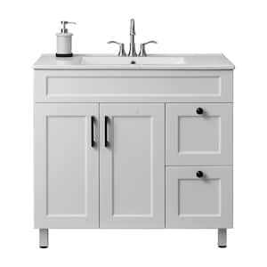 36 in. W x 18 in. D x 32 in. H Freestanding Bathroom Vanity in White with White Ceramic Top With White Single Sink