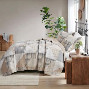 Olsen 3-Piece Tan Cotton Full/Queen 3-Piece Oversized Quilt Set