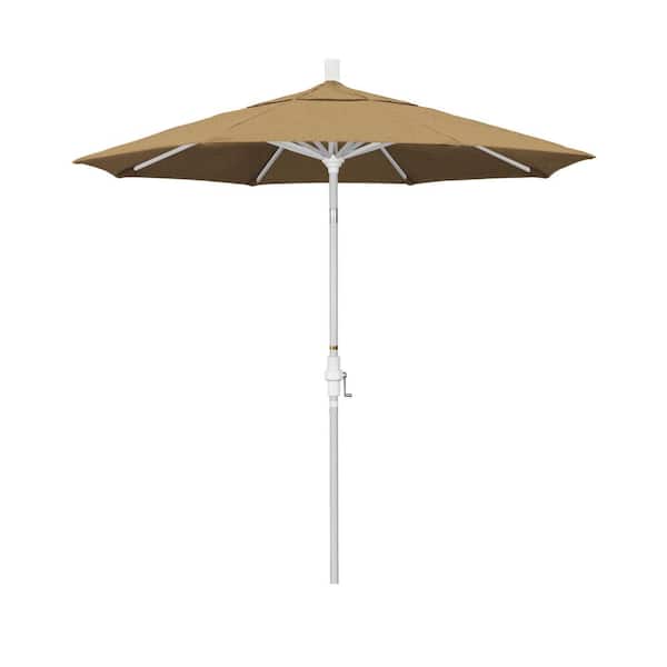 California Umbrella 7.5 ft. Matted White Aluminum Market Patio Umbrella Collar Tilt Crank Lift in Linen Sesame Sunbrella