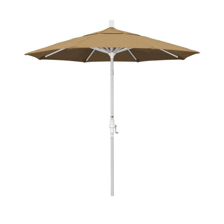 California Umbrella 7.5 ft. Matted White Aluminum Market Patio Umbrella Collar Tilt Crank Lift in Linen Sesame Sunbrella