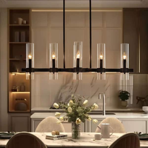 Farmhouse 6-Light Black Industrial Linear Island Chandelier with Clear Glass Shades for Kitchen Island