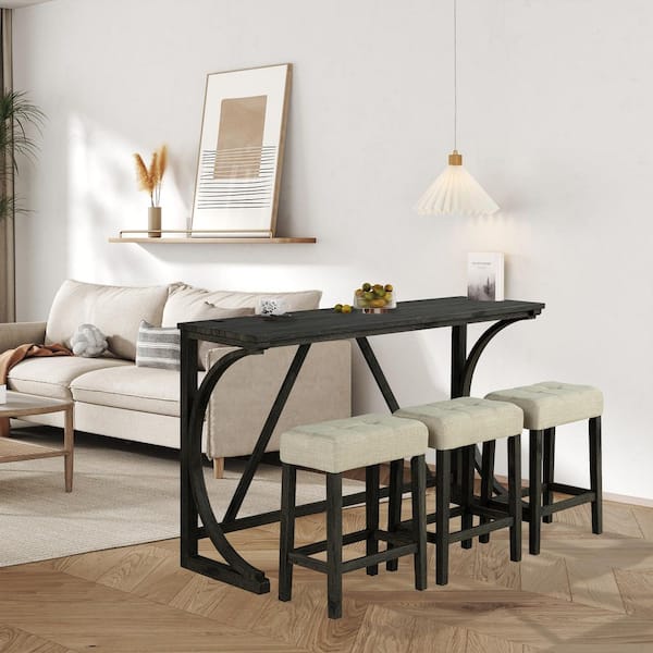 4-Piece Rectangle Brown Wood Top Bar Table Dining Set with USB Ports and Upholstered Stools for 3-Person