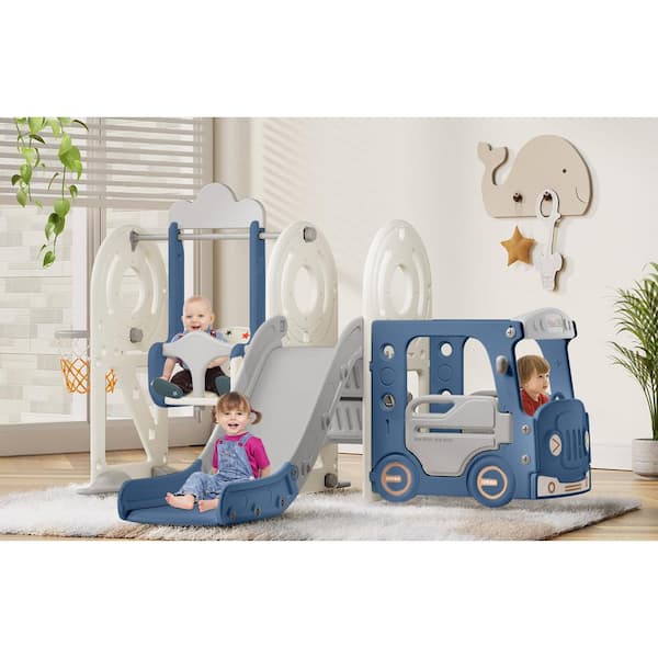 SEEUTEK Nylene 7 ft. Blue Gray with Swing Toddler Slide Indoor Outdoor Backyard Playground Baby Slide Toy