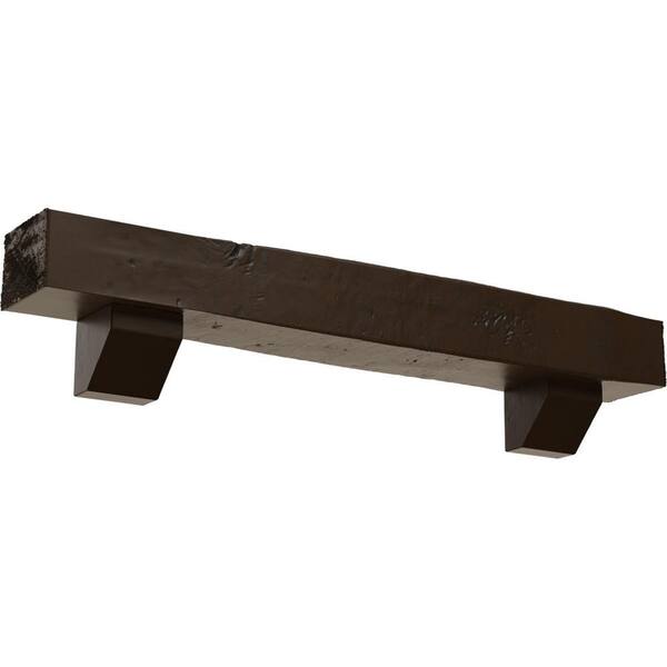 Ekena Millwork 4 in. x 8 in. x 5 ft. Knotty Pine Faux Wood Fireplace Mantel Kit, Ashford Corbels, Burnished Mahogany