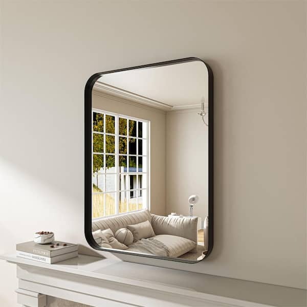 ORGANNICE 24 in. H x 32 in. W Rectangular Aluminum Framed Modern Black Rounded Wall Mirror