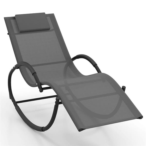Costway Grey Metal Outdoor Rocking Chair with Removable Headrest Breathable Backrest & Seat
