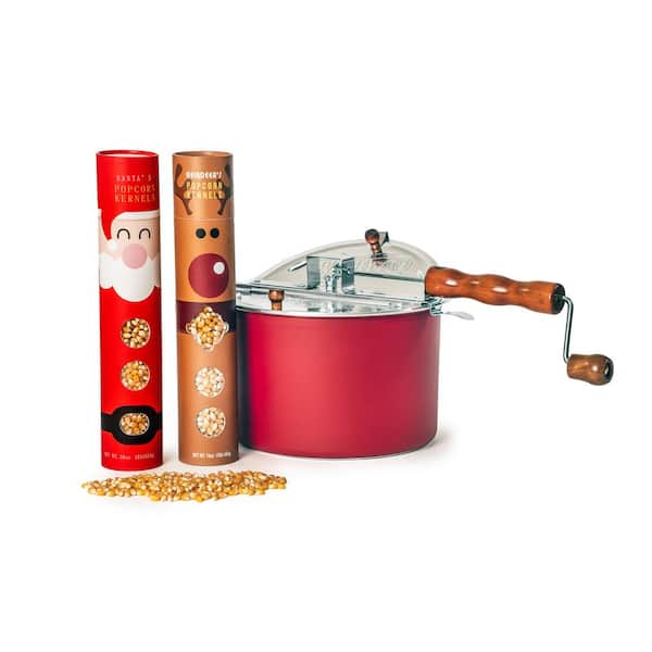 Wabash Valley Farms 6 Qt. Aluminum Red Whirley Pop Stovetop Popcorn Popper with Santa and Reindeer Popcorn Kernel Tubes
