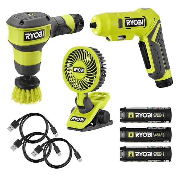 USB Lithium Cordless 3-Tool Combo Kit with Scrubber, Screwdriver, Clamp Fan, (3) 2.0 Ah Batteries, and Charging Cables