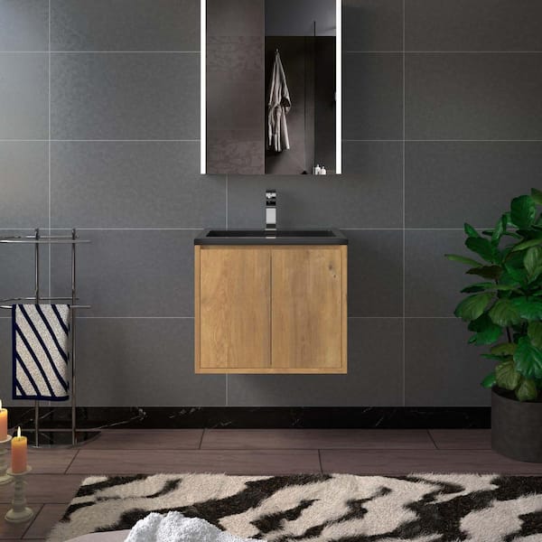 WOODBRIDGE FL 24 in. W x 19 in. D x 17.75 in. H Single Sink Floating Bath Vanity in Foak with Black Quartz Top