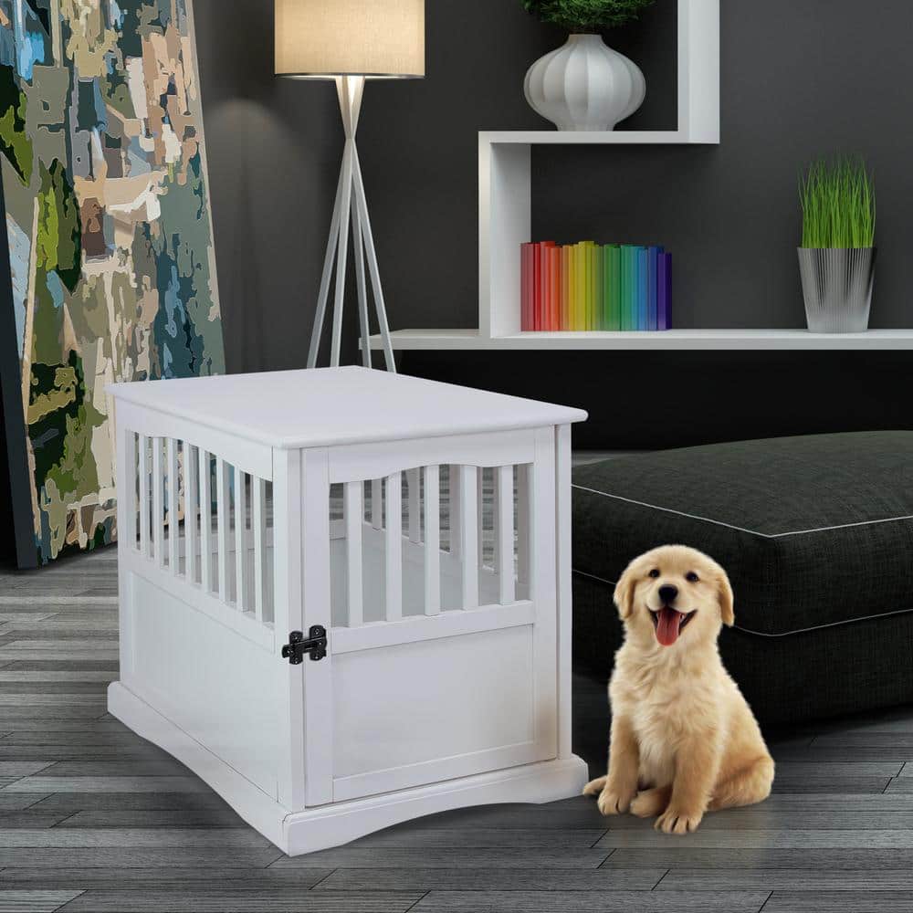 White Solid Wood Pet Crate End Table with Lockable Gate