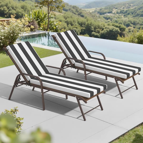 2-Piece Metal Adjustable Outdoor Chaise Lounge in Brown with Patio Chaise Lounge Cushions in Blue and White Stripe