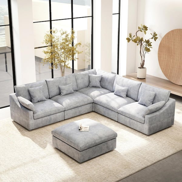 Modular Large 238 in. Flared Arm 6-Piece L-shaped Linen Cloud Couch Sectional Sofa in. Gray with Ottoman