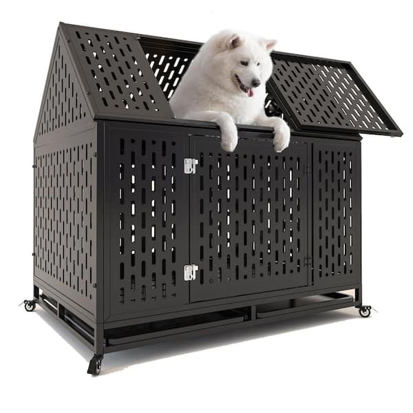 Avex Heavy Duty Dog Crate Indestructible Pet Dog Cage Crate Kennel with Roof Top 2 Doors Removable Trays