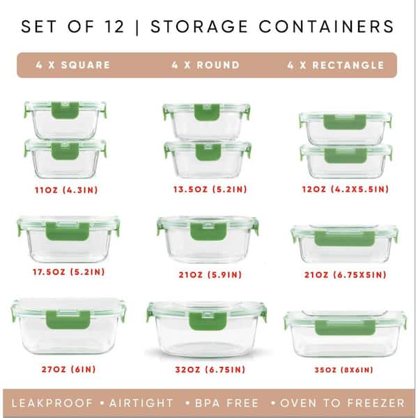 Aoibox 24-pc Borosilicate Glass Storage Containers with Lids, 12-Airtight, Freezer  Safe Food Storage Containers, Green SNPH002IN372 - The Home Depot