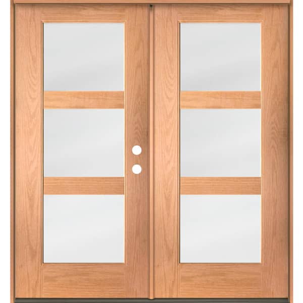 Krosswood Doors BRIGHTON Modern 72 in. x 80 in. 3-Lite Left-Active Inswing Satin Glass Stain Double Fiberglass Prehung Front Door