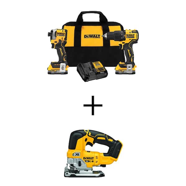 DEWALT 20V MAX Lithium-Ion Brushless Cordless 2 Tool Combo Kit and Brushless Jigsaw with (2) 1.7Ah Batteries, Charger and Bag