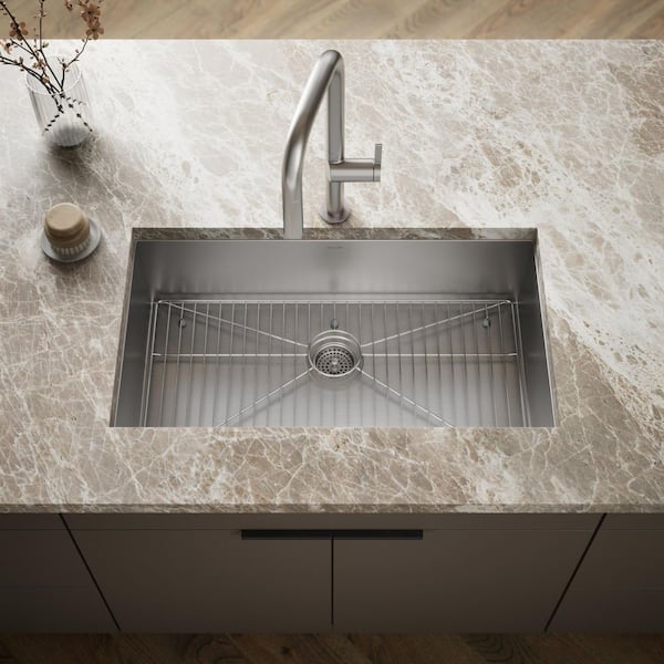 Vault Drop-In Stainless Steel 33 in. 1-Hole Single Bowl Kitchen Sink with Basin Rack