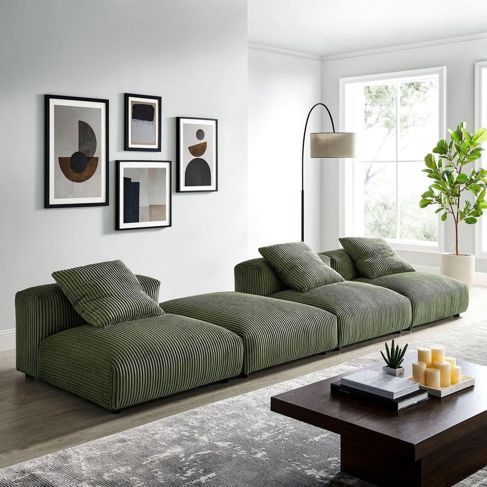 Solace 124 in. Modular 4-Piece Corduroy Sectional Sofa with Ottoman in. Fern