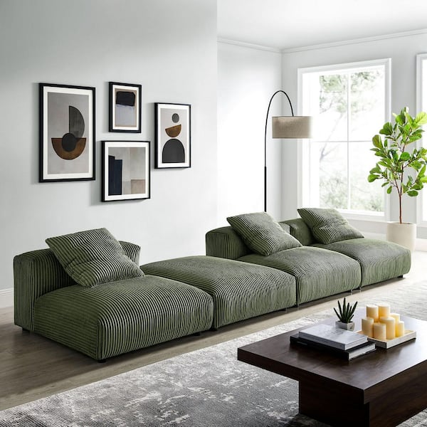 Solace 124 in. Modular 4-Piece Corduroy Sectional Sofa with Ottoman in. Fern