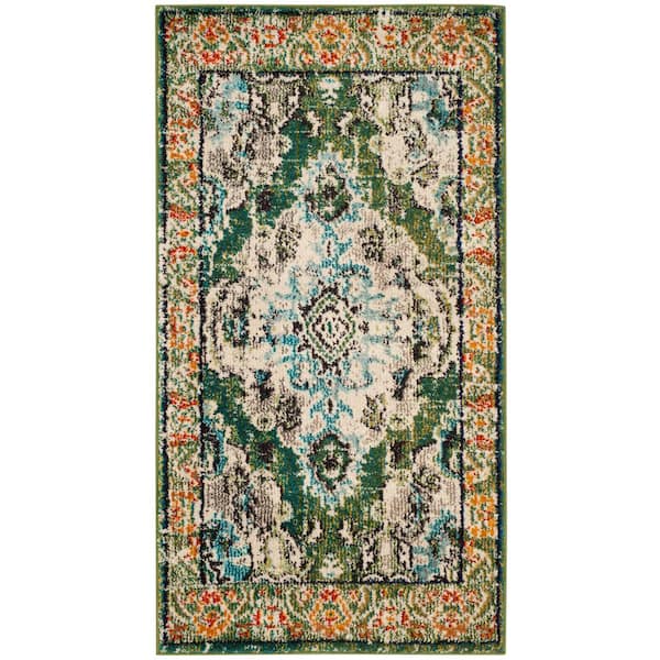 Monaco 2 ft. x 3 ft. Forest Green/Light Blue Distressed Border Medallion Area Rug