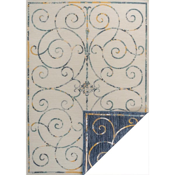 Danae Classic Cottage Filigree Scroll Reversible Machine-Washable Cream/Navy 3 ft. x 5 ft. Indoor/Outdoor Area Rug