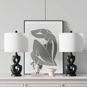 Cincinati 24.5 in. Matte Black Modern Art Deco Table Lamp with White Drum Shade and USB Port (Set of 2)