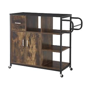Brown Wood 35.43 in. W Kitchen Island with Drawer and Doors, Move with Roller