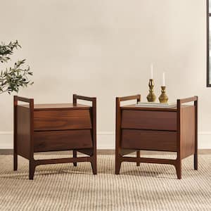 2-Drawer Walnut Solid Wood Modern Nightstand with Angled Drawers, Set of 2